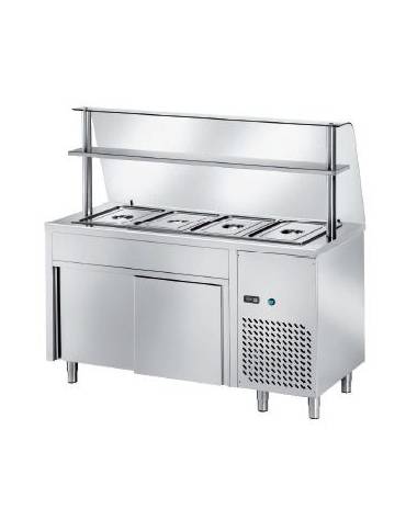 TAVOLO FREDDO SELF SERVICE CON VASCA REFRIGERATA N° 2 GN 1/1 - VANO INFERIORE CHIUSO NEUTRO E VETRO CON MENSOLA  CM. 90X70X140H