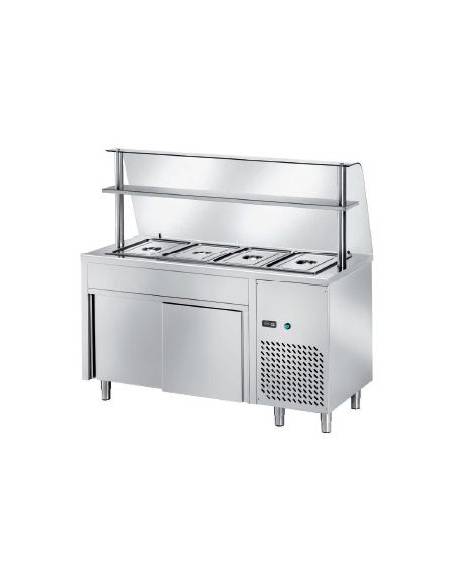 TAVOLO FREDDO SELF SERVICE CON VASCA REFRIGERATA N° 2 GN 1/1 - VANO INFERIORE CHIUSO NEUTRO E VETRO CON MENSOLA  CM. 90X70X145H