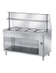 TAVOLO INOX AISI 304 CALDO SELF SERVICE BAGNOMARIA, 3 BACINELLE GN1/1 - VANO INFERIORE A GIORNO - VETRO E MENSOLA CM 120X70X145H