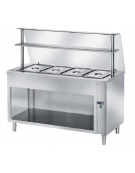 TAVOLO INOX AISI 304 CALDO SELF SERVICE BAGNOMARIA, 4 BACINELLE GN1/1 - VANO INFERIORE A GIORNO - VETRO E MENSOLA CM 150X70X145H