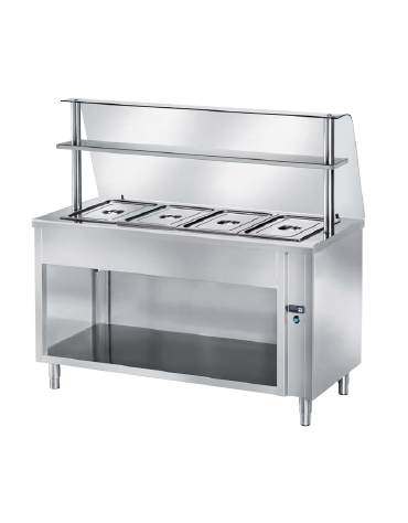 TAVOLO INOX AISI 304 CALDO SELF SERVICE BAGNOMARIA, 4 BACINELLE GN1/1 - VANO INFERIORE A GIORNO - VETRO E MENSOLA CM 150X70X145H