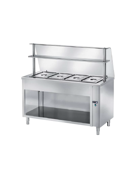 TAVOLO INOX AISI 304 CALDO SELF SERVICE BAGNOMARIA, 5 BACINELLE GN1/1 - VANO INFERIORE A GIORNO - VETRO E MENSOLA CM 200X70X145H