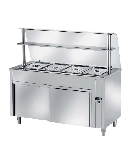 TAVOLO INOX AISI 304 CALDO SELF SERVICE BAGNOMARIA, 2 BACINELLE GN1/1 - VANO INFERIORE NEUTRO CON VETRO E MENSOLA CM 90X70X145H