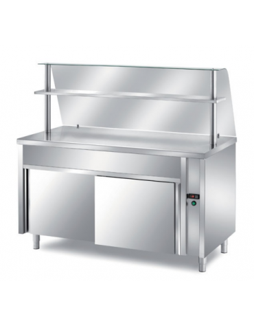 TAVOLO INOX AISI 304 SELF SERVICE CON PIANO SUPERIORE RISCALDATO - VANO INFERIORE NEUTRO - CON VETRO E MENSOLA - CM 120X70X145H