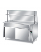 TAVOLO INOX AISI 304 SELF SERVICE CON PIANO SUPERIORE RISCALDATO - VANO INFERIORE NEUTRO - CON VETRO E MENSOLA - CM 150X70X145H