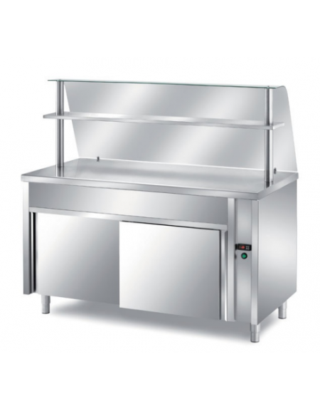 TAVOLO INOX AISI 304 SELF SERVICE CON PIANO SUPERIORE RISCALDATO - VANO INFERIORE NEUTRO - CON VETRO E MENSOLA - CM 200X70X145H