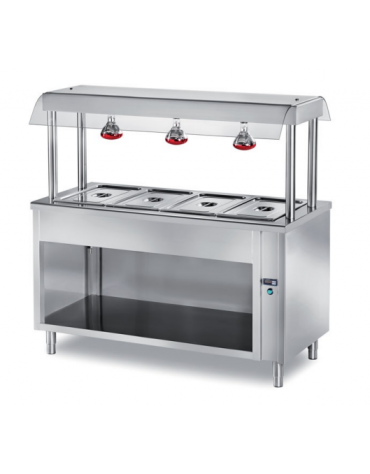 ELEMENTO INOX AISI 304 ISOLA CENTRALE SELF SERVICE BAGNOMARIA, x3 GN1/1 - VANO INFERIORE A GIORNO E LAMPADE INFRAROSSI -  CM 120