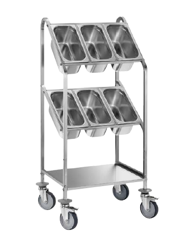 Carrello portaposate inox AISI 304 - 2 ripiani porta vassoi - 6 x GN 1/3 - cm 55x45x90h