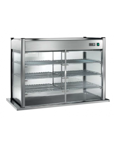 Vetrina riscaldata senza piano di fondo, cristalli a coulisse su 1 lato e vetro fisso dall'altro - cm 200x70x98h