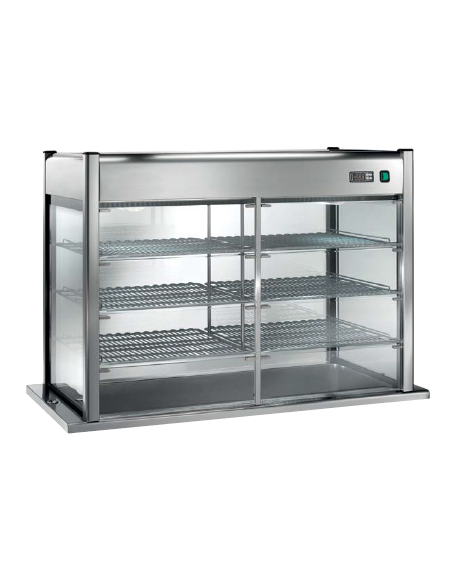 Vetrina riscaldata senza piano di fondo, cristalli a coulisse su 1 lato e vetro fisso dall'altro - cm 200x70x98h