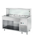 TAVOLO INOX AISI 304 REFRIGERATO SELF-SERVICE, PER BACCINELLE GN - VANO INFERIORE APERTO, LAMPADE E VETRO  - CM 90x70x130h