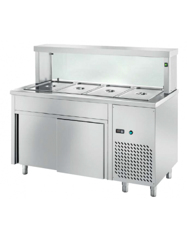 TAVOLO INOX AISI 304 REFRIGERATO SELF-SERVICE, PER BACINELLE GN - VANO INFERIORE CHIUSO, LAMPADE E VETRO  - CM 120x70x130h