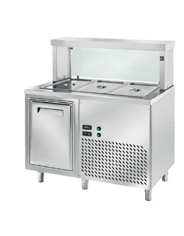 TAVOLO INOX AISI 304 REFRIGERATO SELF-SERVICE, x3 GN 1/1 - VANO INFERIORE REFRIGERATO, LAMPADE E VETRO  - CM 120x70x130h