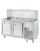 TAVOLO INOX AISI 304 REFRIGERATO SELF-SERVICE, x4 GN 1/1 - 2 ANTE REFRIGERATE, VASCA H 200, LAMPADE E VETRO  - CM 150x70x130h
