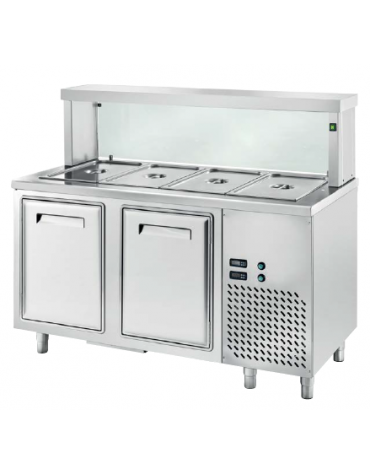 TAVOLO INOX AISI 304 REFRIGERATO SELF-SERVICE, x4 GN 1/1 - 2 ANTE REFRIGERATE, VASCA H 200, LAMPADE E VETRO  - CM 150x70x130h