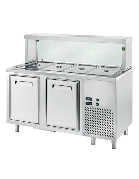 TAVOLO INOX AISI 304 REFRIGERATO SELF-SERVICE, x4 GN 1/1 - 2 ANTE REFRIGERATE, VASCA H 200, LAMPADE E VETRO  - CM 150x70x130h