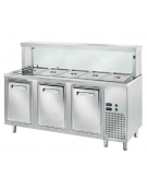 TAVOLO INOX AISI 304 REFRIGERATO SELF-SERVICE, x5 GN 1/1 - 3 ANTE  REFRIGERATE, VASCA H 200, LAMPADE E VETRO  - CM 200x70x130h