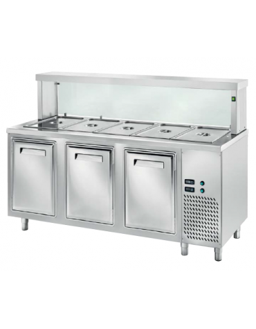 TAVOLO INOX AISI 304 REFRIGERATO SELF-SERVICE, x5 GN 1/1 - 3 ANTE  REFRIGERATE, VASCA H 200, LAMPADE E VETRO  - CM 200x70x130h