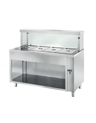 TAVOLO INOX AISI 304 CALDO SELF SERVICE BAGNOMARIA  x2 GN 1/1 - VETRO, LAMPADE RISCALDATE E VANO INFERIORE A GIORNO - CM. 90X70X