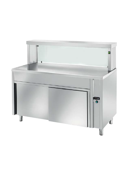 TAVOLO INOX AISI 304 SELF SERVICE PIANO SUPERIORE RISCALDATO - VETRO, LAMPADE RISCALDATE E VANO INFERIORE NEUTRO -CM 150X70X130H