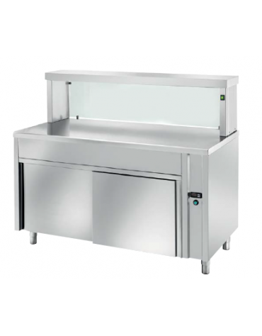 TAVOLO INOX AISI 304 SELF SERVICE PIANO SUPERIORE RISCALDATO - VETRO, LAMPADE RISCALDATE E VANO INFERIORE NEUTRO - CM 200X70X130