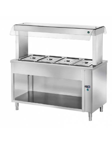 ELEMENTO INOX AISI 304 ISOLA CENTRALE SELF SERVICE BAGNOMARIA, x3 GN1/1 - VETRO, LAMPADE RISCALDATE E VANO INF. APERTO - CM 120