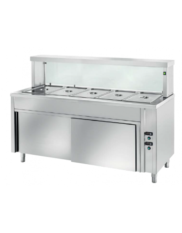 TAVOLO INOX AISI 304 BAGNOMARIA SELF SERVICE  x5 GN 1/1 - VETRO, LAMPADE RISCALDATE E VANO INFERIORE CALDO - CM. 200X70X130H