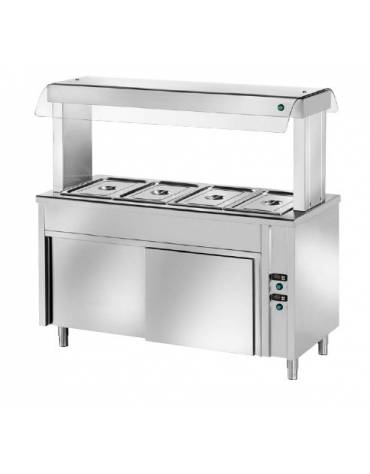 ELEMENTO INOX AISI 304 ISOLA CENTRALE SELF SERVICE BAGNOMARIA, x4 GN1/1 - VETRO, LAMPADE RISCALDATE E VANO INF. CALDO - CM 150