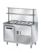 TAVOLO INOX AISI 304 REFRIGERATO SELF-SERVICE, x3 GN 1/1 - VANO INFERIORE REFRIGERATO E VETRO CURVO - CM 120x80x145h