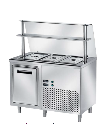 TAVOLO INOX AISI 304 REFRIGERATO SELF-SERVICE, x3 GN 1/1 - VANO INFERIORE REFRIGERATO E VETRO CURVO - CM 120x80x145h