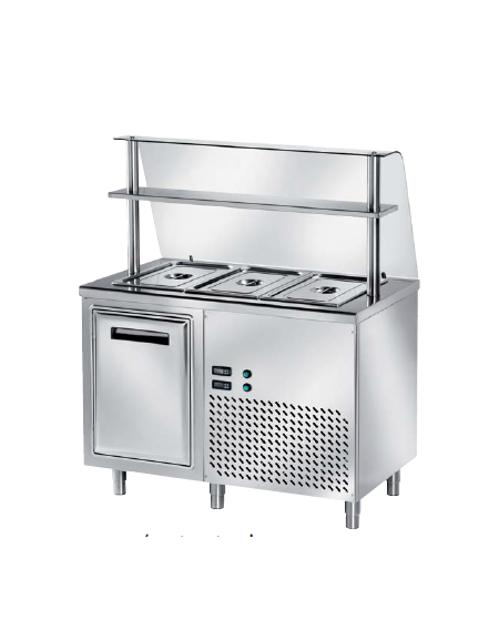 TAVOLO INOX AISI 304 REFRIGERATO SELF-SERVICE, x3 GN 1/1 - VANO INFERIORE REFRIGERATO E VETRO CURVO - CM 120x80x145h