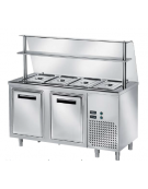 TAVOLO INOX AISI 304 REFRIGERATO SELF-SERVICE, x4 GN 1/1 - VANO INFERIORE REFRIGERATO E VETRO CURVO - CM 150x80x145h