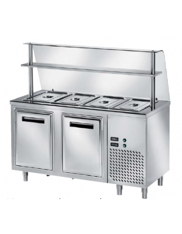TAVOLO INOX AISI 304 REFRIGERATO SELF-SERVICE, x4 GN 1/1 - VANO INFERIORE REFRIGERATO E VETRO CURVO - CM 150x80x145h