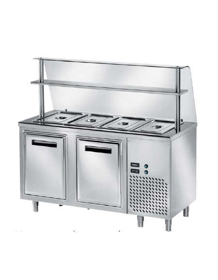 TAVOLO INOX AISI 304 REFRIGERATO SELF-SERVICE, x4 GN 1/1 - VANO INFERIORE REFRIGERATO E VETRO CURVO - CM 150x80x145h