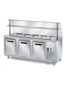 TAVOLO INOX AISI 304 REFRIGERATO SELF-SERVICE, x5 GN 1/1 - VANO INFERIORE REFRIGERATO E VETRO CURVO - CM 200x80x145h