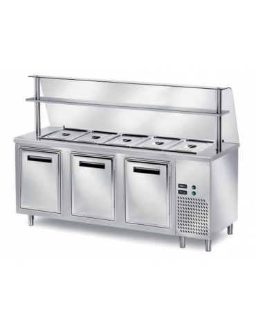 TAVOLO INOX AISI 304 REFRIGERATO SELF-SERVICE, x5 GN 1/1 - VANO INFERIORE REFRIGERATO E VETRO CURVO - CM 200x80x145h