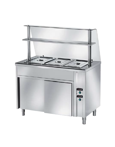 TAVOLO CALDO INOX AISI 304 BAGNOMARIA SELF SERVICE  x3 GN 1/1 - VANO INFERIORE NEUTRO E VETRO CURVO - CM. 120X80X145H