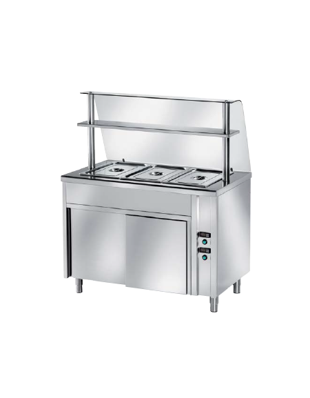 TAVOLO CALDO INOX AISI 304 BAGNOMARIA SELF SERVICE  x3 GN 1/1 - VANO INFERIORE NEUTRO E VETRO CURVO - CM. 120X80X145H