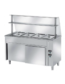 TAVOLO CALDO INOX AISI 304 BAGNOMARIA SELF SERVICE  x4 GN 1/1 - VANO INFERIORE NEUTRO E VETRO CURVO - CM. 150X80X145H