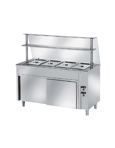 TAVOLO CALDO INOX AISI 304 BAGNOMARIA SELF SERVICE  x4 GN 1/1 - VANO INFERIORE NEUTRO E VETRO CURVO - CM. 150X80X145H
