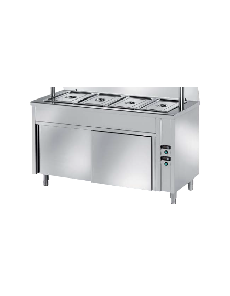 TAVOLO CALDO INOX AISI 304 BAGNOMARIA SELF SERVICE  x4 GN 1/1 - VANO INFERIORE NEUTRO E VETRO CURVO - CM. 150X80X89H
