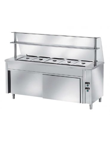 TAVOLO CALDO INOX AISI 304 BAGNOMARIA SELF SERVICE  x5 GN 1/1 - VANO INFERIORE NEUTRO E VETRO CURVO - CM. 200X80X145H