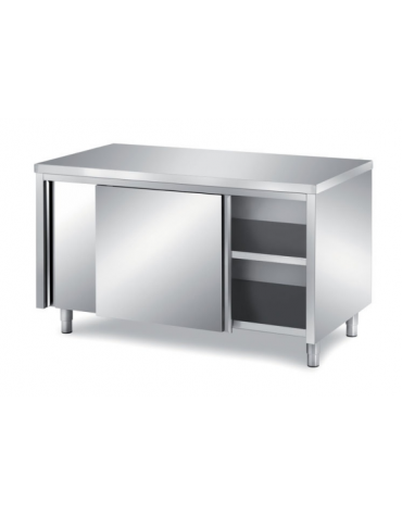 TAVOLO ARMADIATO INOX AISI 304 SELF SERVICE CON 2 ANTE SCORREVOLI E PANNELLATURA SOTTOPIANO INOX - CM 90X80X89H