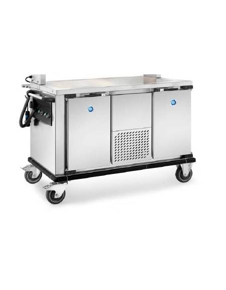 Carrello porta pasti con comparti stampati in acciaio inox 18/10 AISI 304 - 1 vano riscaldato + 1 refrigerato - cm 143x77x95h Carrello porta pasti con comparti stampati in acciaio inox 18/10 AISI 304 - 1 vano riscaldato + 1 refrigerato - cm 143x77x95h