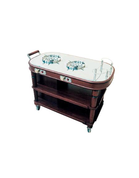 Carrello flambè in legno massello e acciaio inox - cassetto e vano bombola - 2 piani d’appoggio - mm 1300x650x1100h