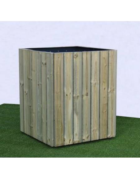 Fioriera quadrata realizzata in acciaio zincato e verniciato, rivestita in doghe di legno di pino - cm 80x80x100h