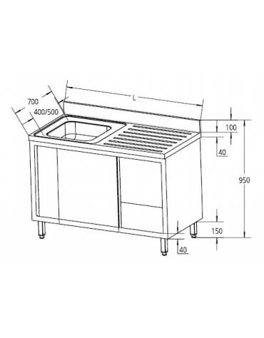 Lavello 1 vasca + gocciolatoio Dimensioni cm.120x70x85h