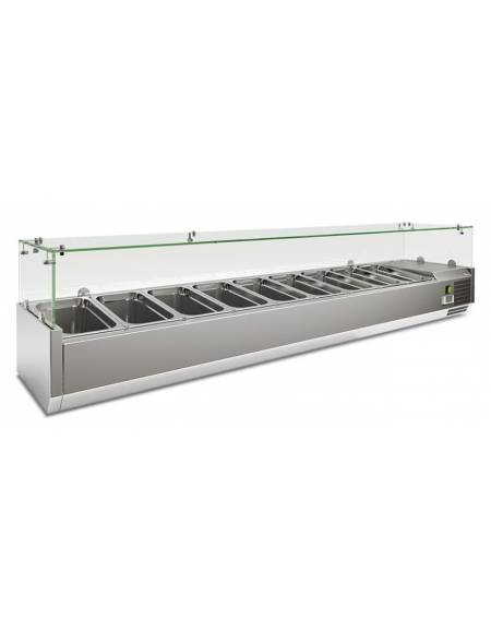 Vetrina refrigerata pizzeria statica inox con vetro superiore-9 bacinelle GN1/3-Temperatura +2° +8°C-cm 200x39,5x43,5h