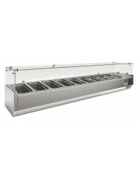 Vetrina refrigerata pizzeria statica inox con vetro superiore-9 bacinelle GN1/3-Temperatura +2&deg; +8&deg;C-cm 200x39,5x43,5h