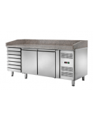 Banco pizza refrigerato ventilato, 2 porte + piano in granito - 7 cassetti - temperatura -2/+8°C - mm 2025x800x1050h